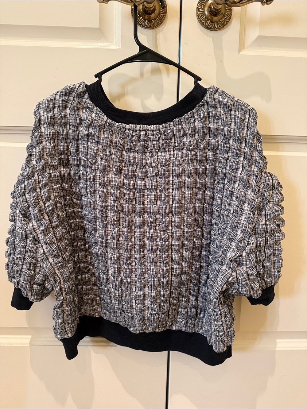 Maeve Navy and White Textured Bubble-Knit Crewneck Pullover